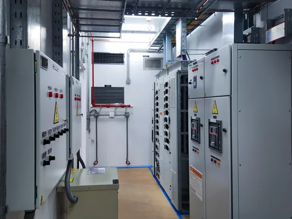 Pasillo interior de la sala eléctrica con cámara de videovigilancia en el cielo