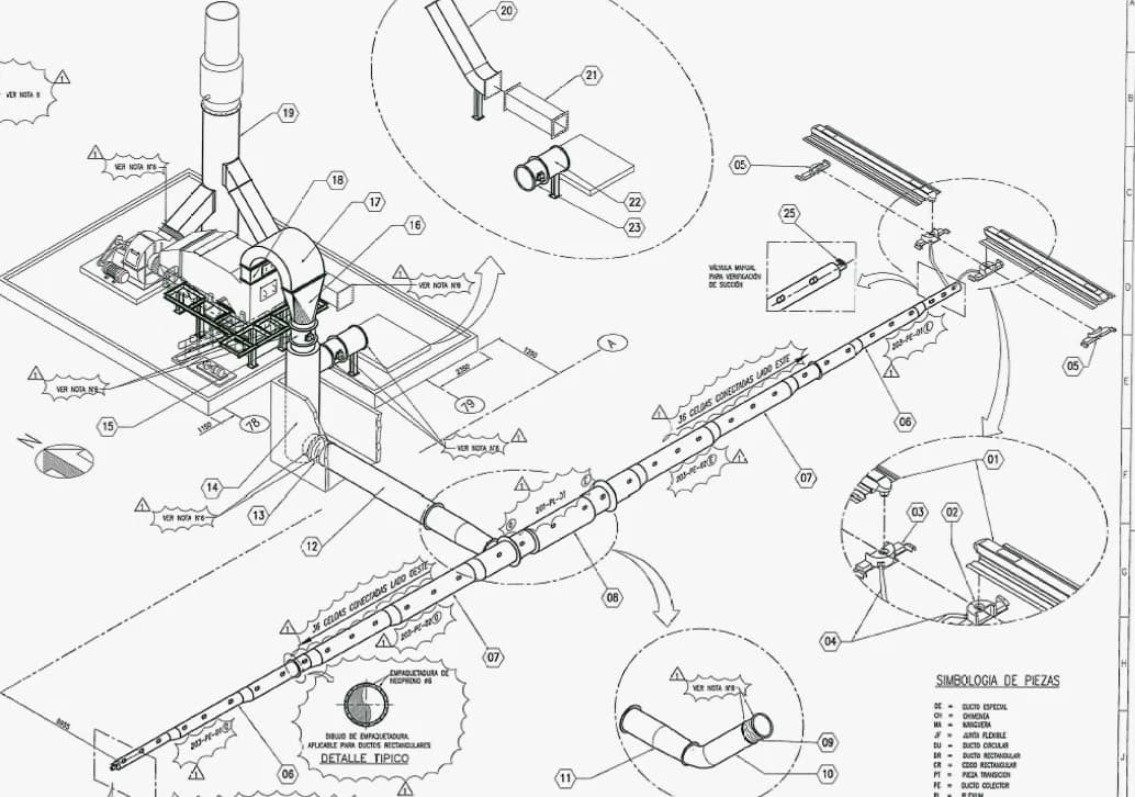 Esquema isométrico del circuito de extracción de neblina ácida en una nave de electroobtención
